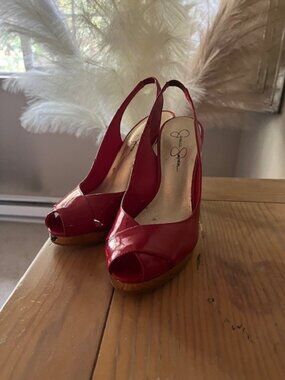 Jessica Simpson Red Patent Pumps – Rose Gold Chrome Platform